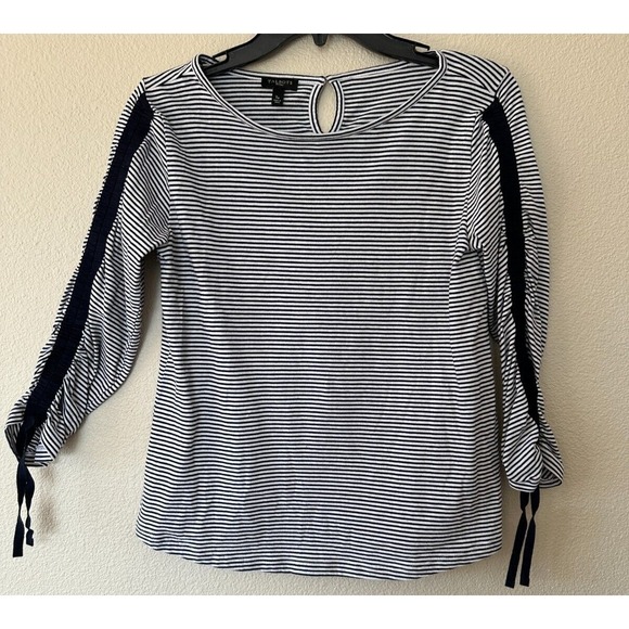 TALBOTS Petite Small Ruched 3/4 Sleeve Boat Black White Stripe Tee Top Women's - Picture 11 of 13